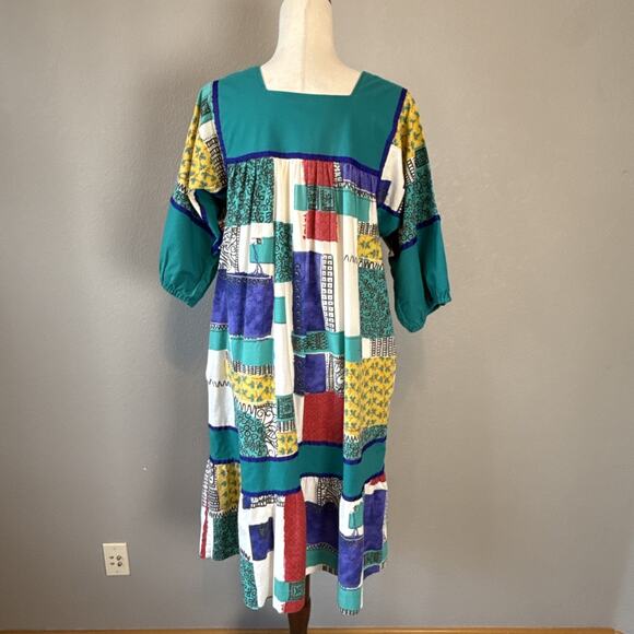 Krist Gudnason Vintage Midi Lounge Caftan Patchwork Dress Size L Pockets MuuMuu - Picture 6 of 9